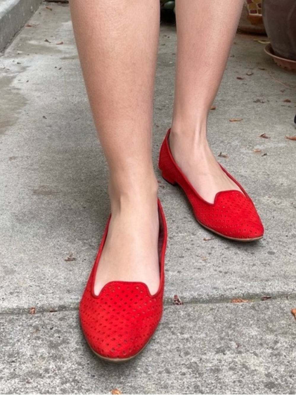 Vintage scarlet red Manolo Blahnik perforated suede leather flats